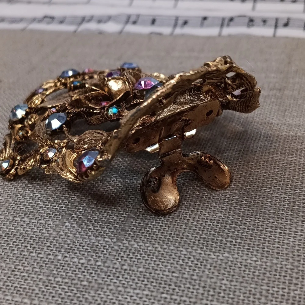 Vintage-Style Gold Floral Clip-On Earrings with Multi-Colored Rhinestones